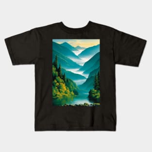 Lake with a Misty Valley In the Background Kids T-Shirt